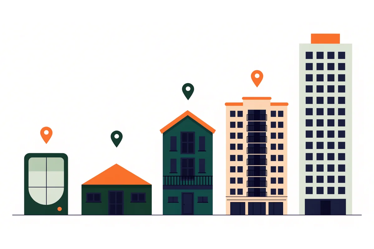 A row of homes from a bachelor apartment to a condo tower, with map pins above some of them.